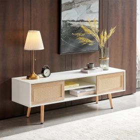 55.12 Rattan TV Cabinet, Double Sliding Doors For Storage,  Adjustable Shelf, Solid Wood Legs, TV Console For Living Room , White (Option: White)